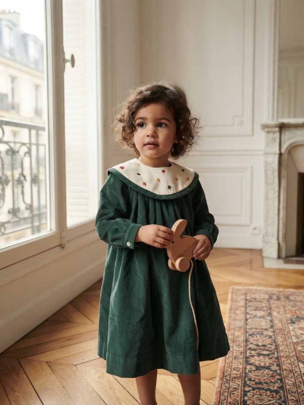 Strasburg Classic Green Corduroy Girls Dress with Embroidered Collar Size 24 Mth